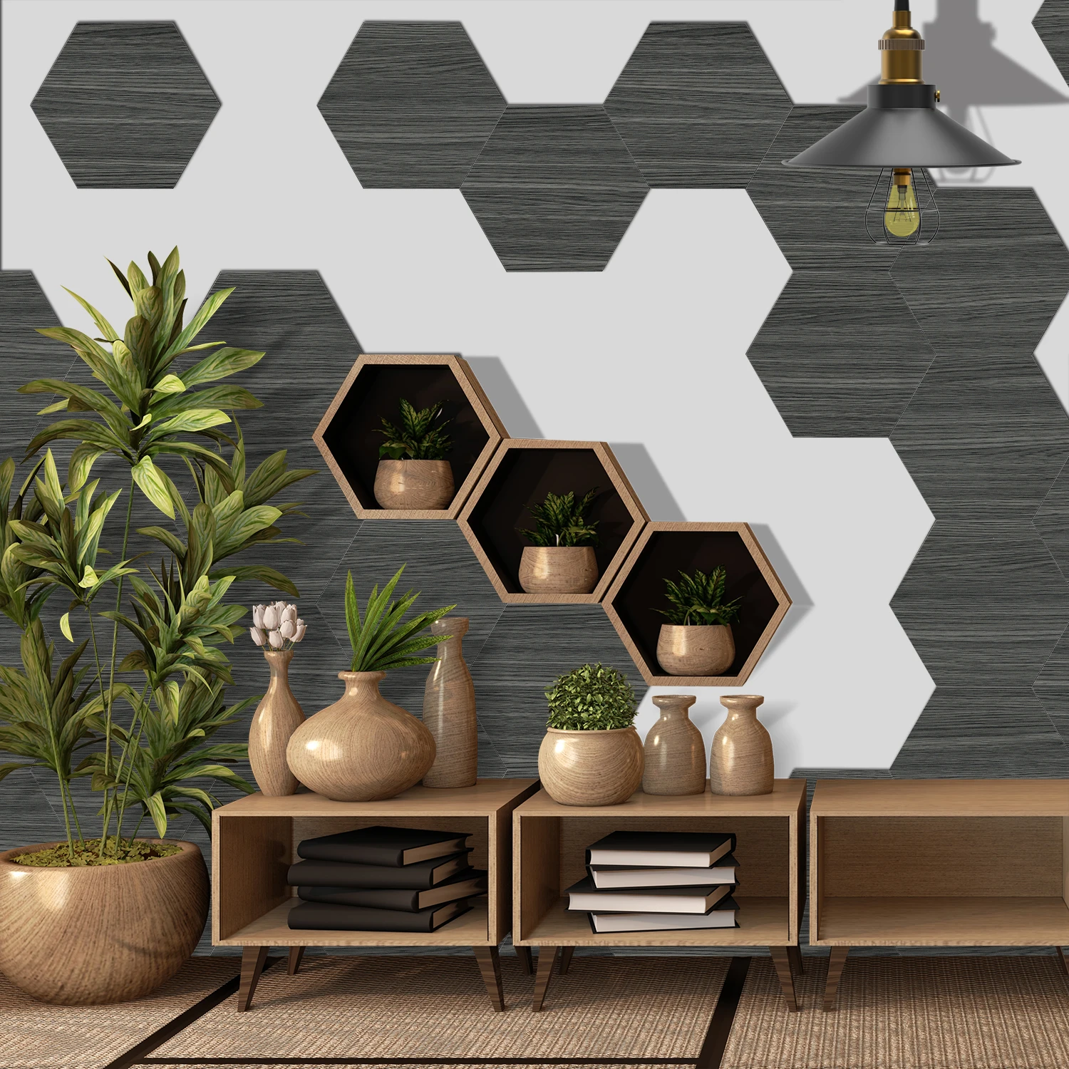 Thickened Hexagonal Foam Wall Tile Stickers with Real Wood Grain, Peel and Stick Nonslip Vinyl