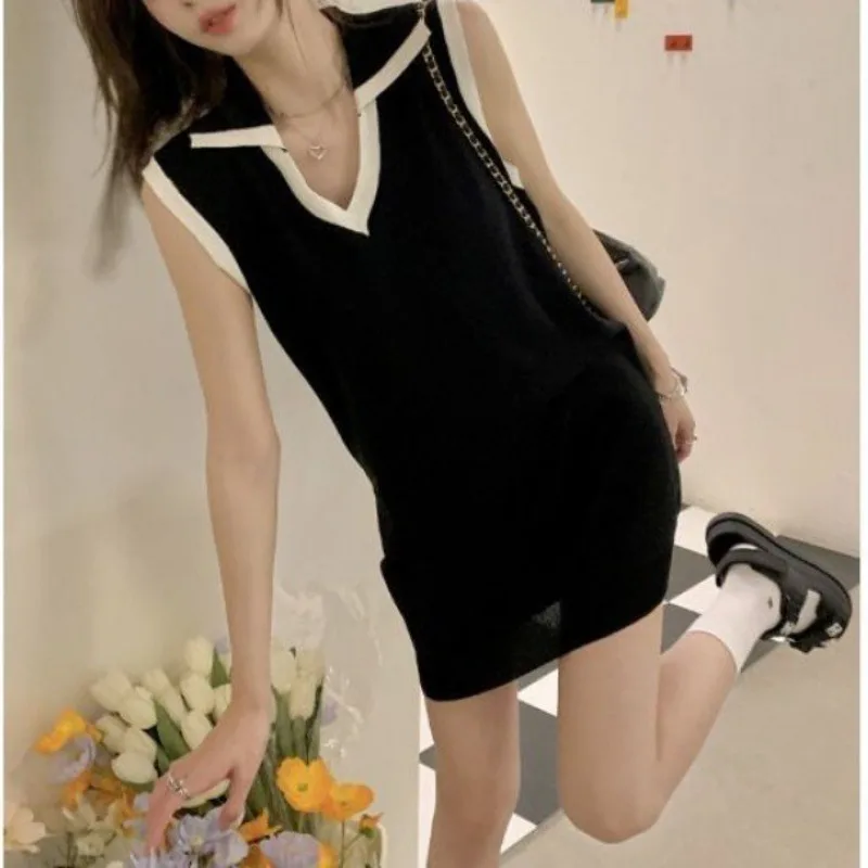 

Contrast Collar Sleeveless Women's Summer Short Loose Relaxed Versatile Knitted Dress