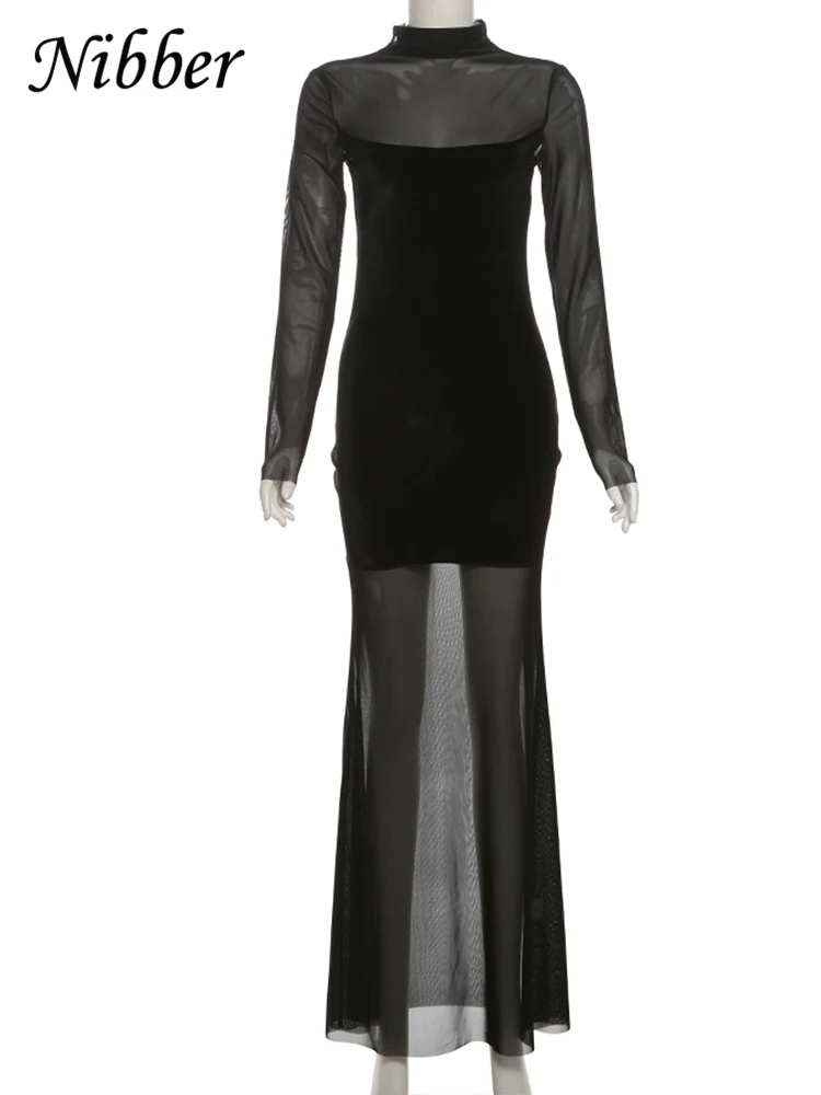 Nibber Mesh Patchwork Velvet Dress Women Turtleneck See Through Full Sleeve Skinny Trend Sexy Banquet Party Elegant Long Bodycon