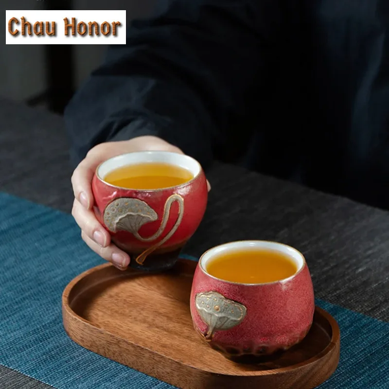 High-end Retro Lotus Embossed Ceramics Master Cup Handmade Household Travel Kungfu Teaset Tea Ceremony Accessories Birthday Gift