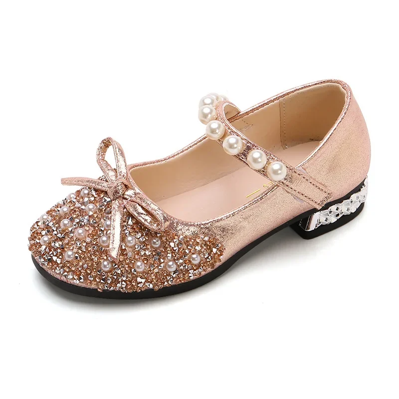 Fashion Children Princess Leather Shoes for Girls Crystal Summer Party Wedding Performance Soft Sweet Pearl Single Shoes