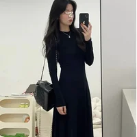 Hebe Style Black Long Dress Base Layer Autumn Winter Women's Fashionable Slim Fit French Atmosphere Full Sleeve round Neck Dress