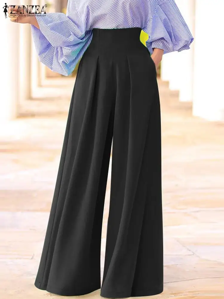 

2023 New Casual Loose Pleats Pant ZANZEA Women High Waist Long Pants Vintage Wide Leg Trouser Pocket Straight Oversized Pantalon