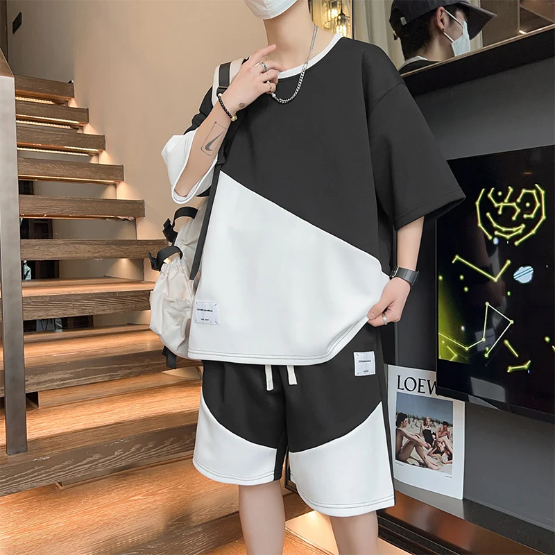 Summer Streetwear Shorts Set Uomo Hip Hop Patchwork T Shirt + Shorts 2 Pezzi Set Tuta Sportiva Moda Uomo Manica Corta Tuta