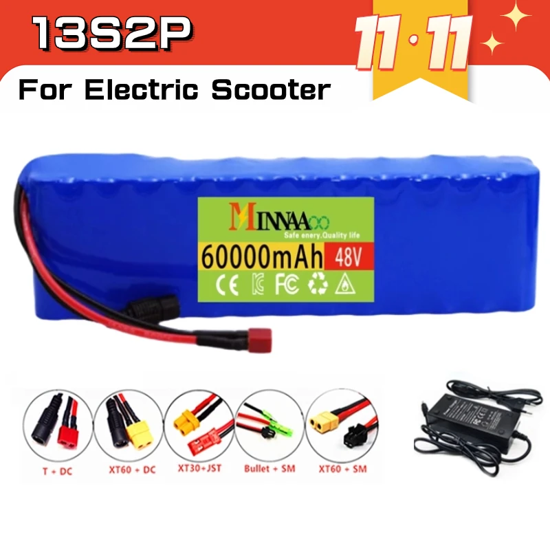 

High Capacity 13S2P 48v 60Ah 18650 Li-ion Battery for Bafang Electric Bike Retrofit Kit 1000w 54.6V 2A Charger + XT60 Plug