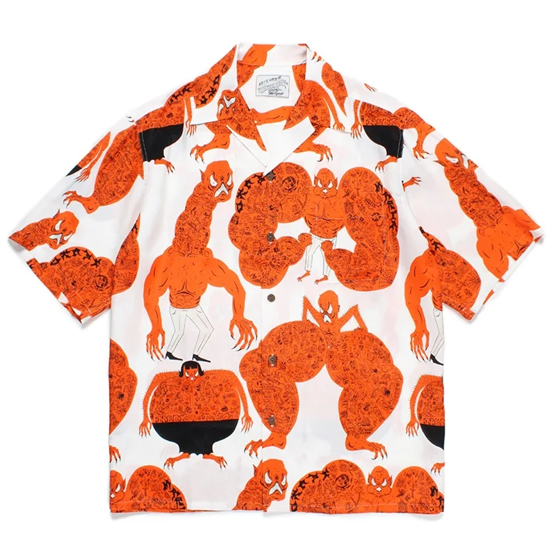 24FW Graffiti Print Pattern WACKO MARIA Shirt Retro Short Sleeve Shirt Summer Mens Womens Hawaii Shirt 3