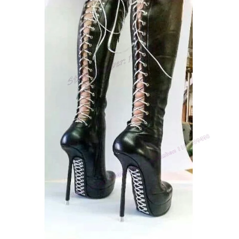 

Black Matte Leather Cross Tied Platform Boots Round Toe Shoes for Women Thin High Heels Sexy Lady Shoes 2023 Zapatos Para Mujere