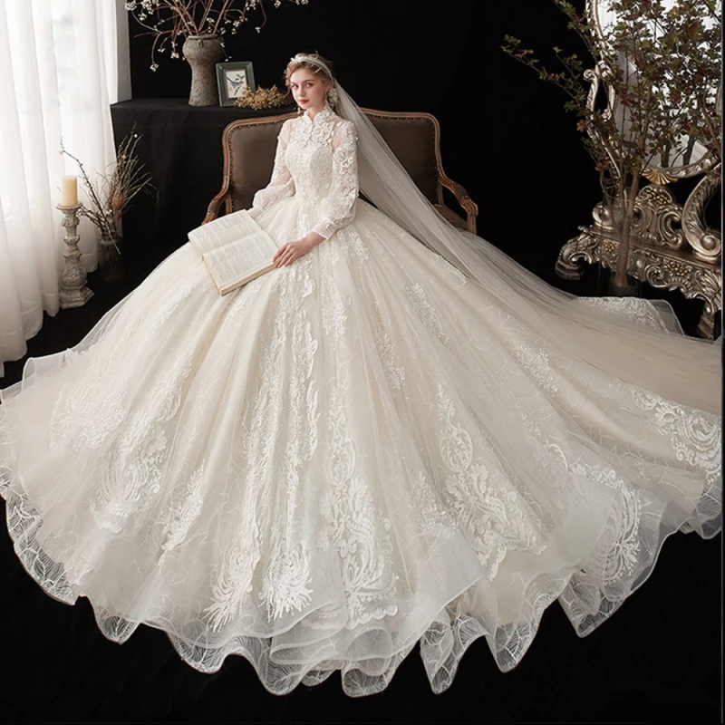 

High Neck Open Back Long Sleeve Beading Appliques Lace Flowers Gorgeous Ball Gown Wedding Dress Vestido De Novia