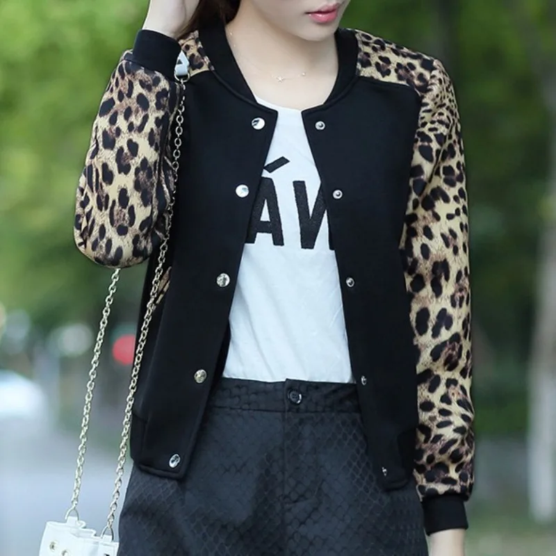 Women's Spring Autumn Round Neck Geometric Leopard Print Flower Printed Lantern Long Sleeve Button Cardigan Coats Casual Tops