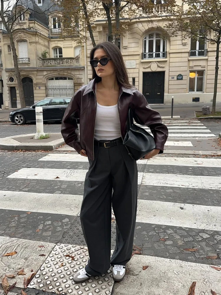 Vintage Solid Lapel Collar Zipper Women's Pu Leather Jacket Fashion Long Sleeve Pockets Short Loose Coat Autumn Winter Outerwear 5