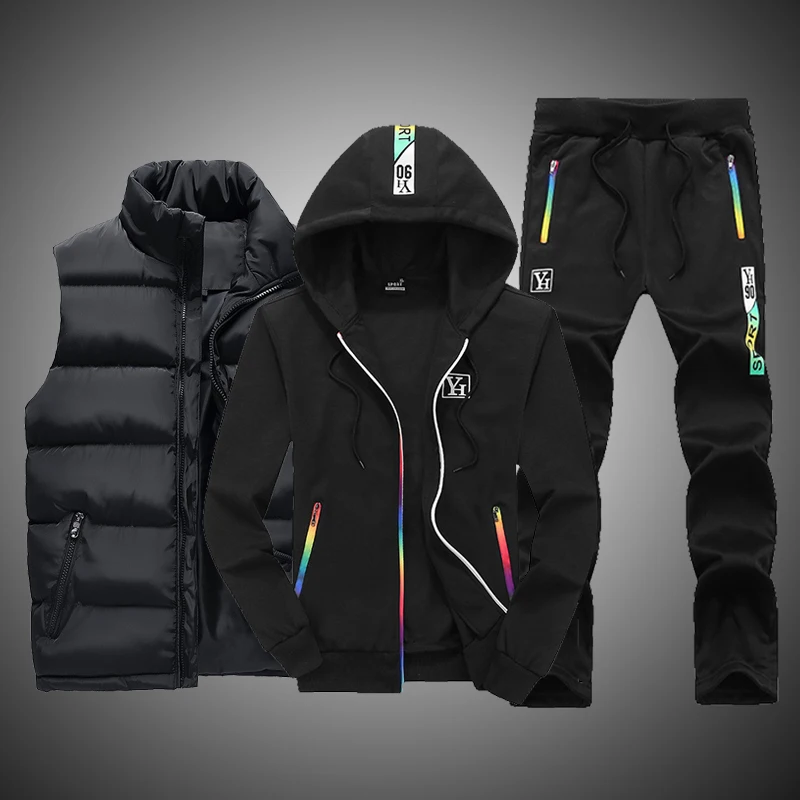 Sweat Suit New Winter Men's Clothing Men Sets 3 Pieces Vest Hoodie Set Fleece Zipper Casual Sport Sweatpant Men Tracksuit Outfit 19