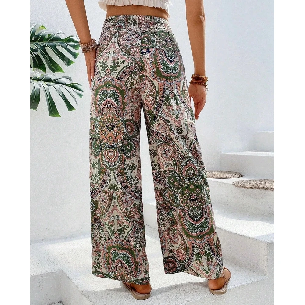 Vintage Print Boho Style Wide Leg Pants Women Spring Summer Trouses Elastic Waist Baggy Pants Streetwear Casual Women Clothes