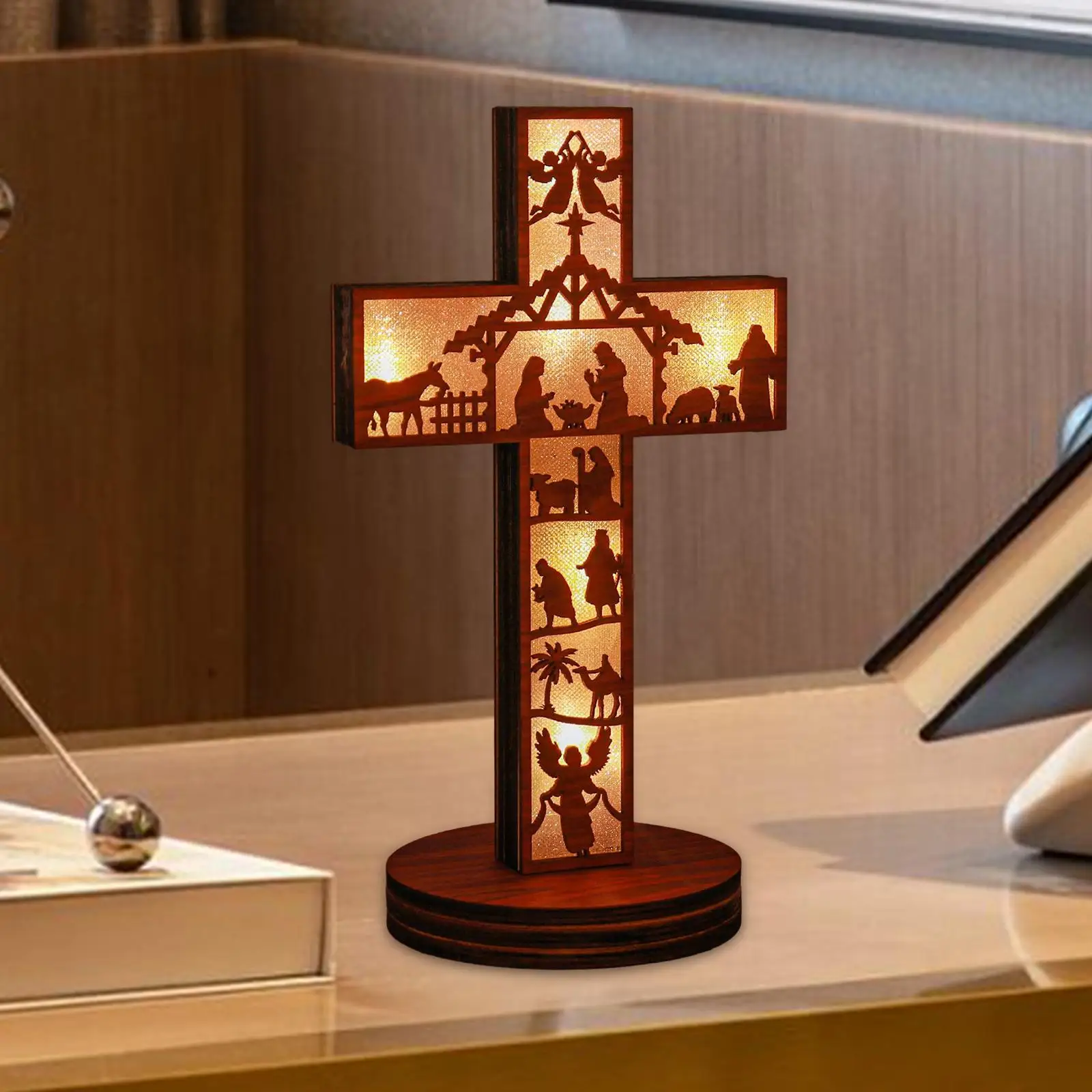 

3D Christmas Wooden Nativity Scene Art Crafts Collectible Religious Nativity Statue with Light for Home Mantel Desk Shelf Decor