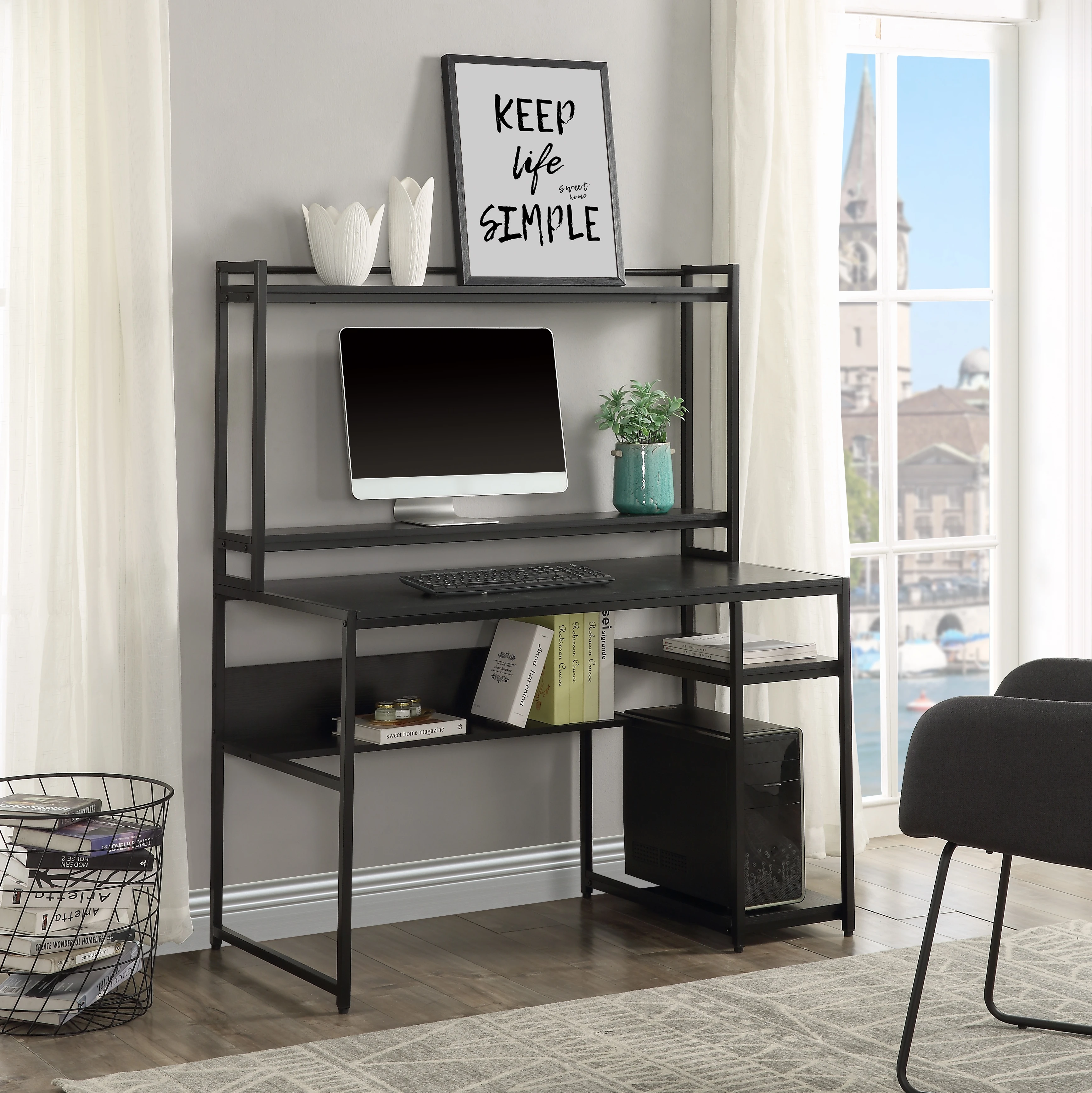 Home Office Computer Desk With 2-Tier Bookshelf And Open Storage Shelf Equipped With Removable Monitor Riser Black Modern Desk