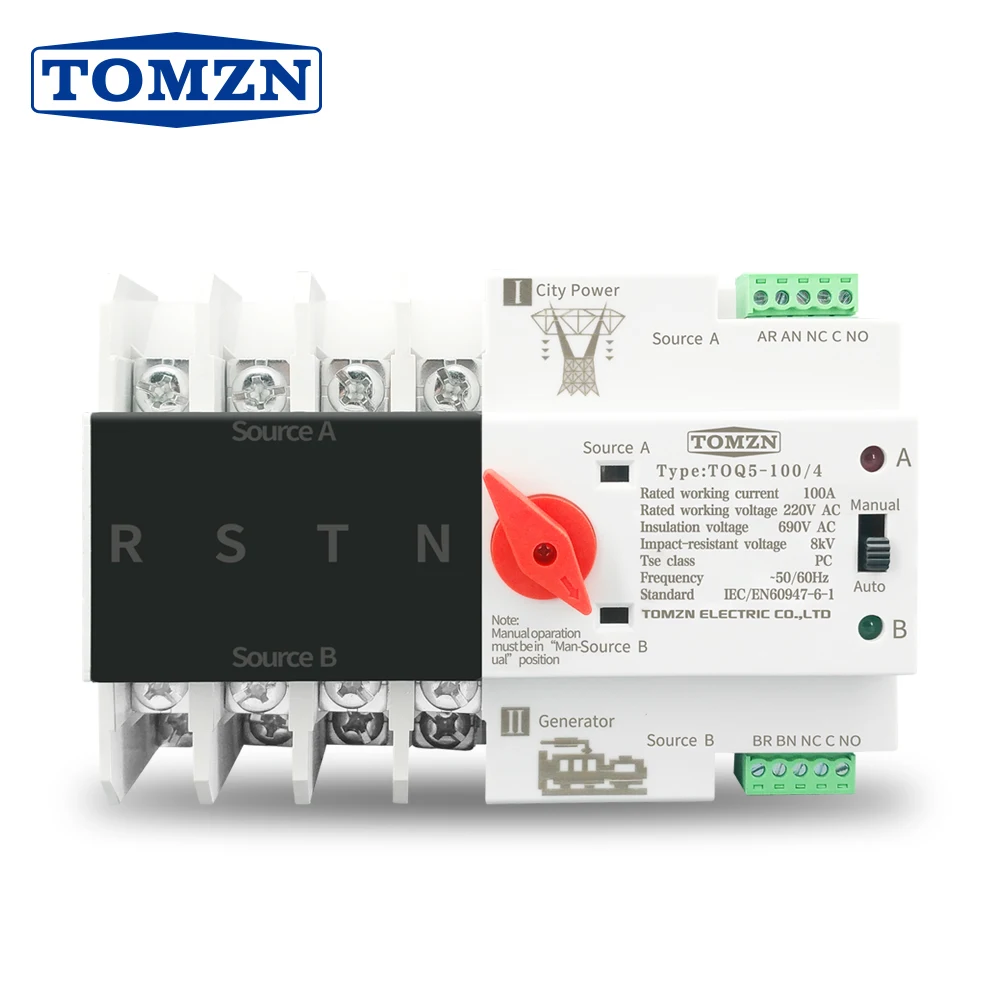 Tomzn-interruptor de Transferência Automática de Dupla Potência Seletor Elétrico Energia Ininterrupta Trilho Din Ats 4p 63a 100a 125a