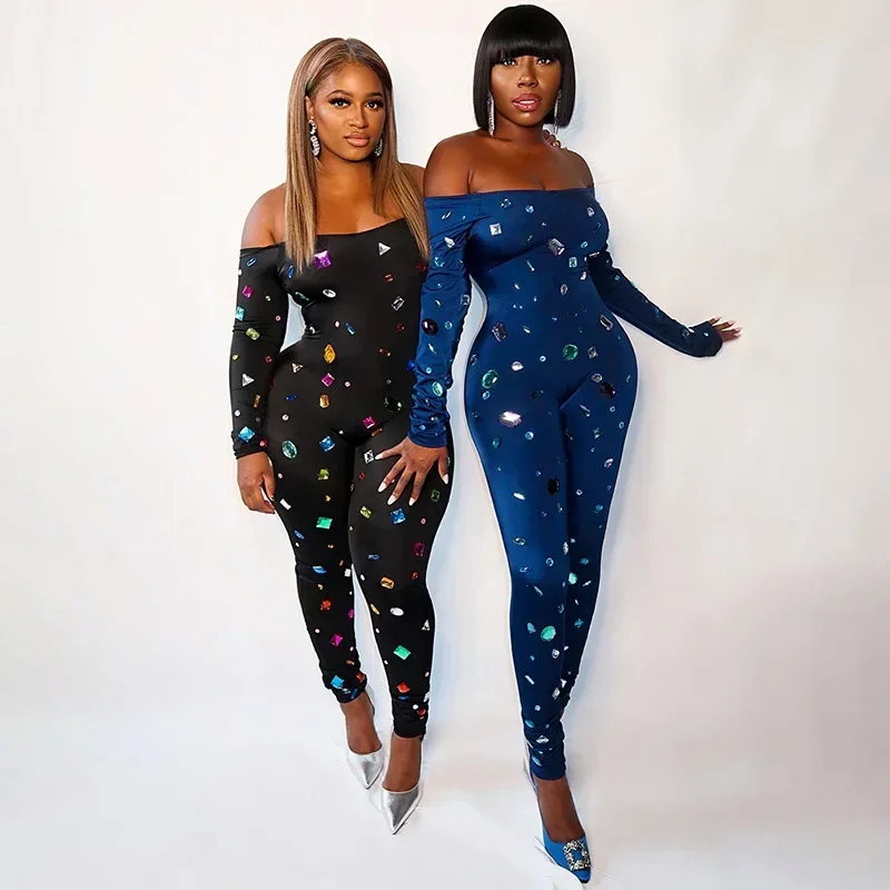 

Women Slash Neck Jumpsuits Geometric Colorful Print Off Shoulder Skinny Clubwear Sexy One Pieces Rave Party Christmas Bodycon