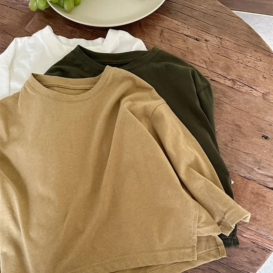 

Kids T-shirt Spring Season New Long Sleeved Boys Girls Baby Solid Color Undershirt Versatile Forking Tops 2024 Round Collar