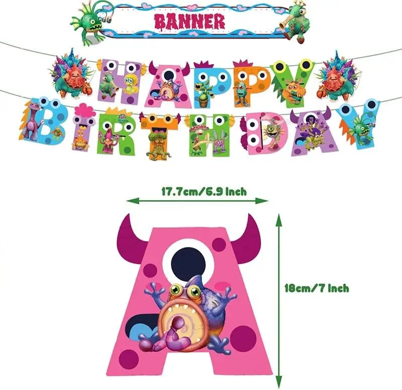 Description Picture 5 of itemMy Singing Monster Party Supplies Set, Favors Balloons, Cake Topper, Banner, Swirl Decoration, Birthday Party Decoration
