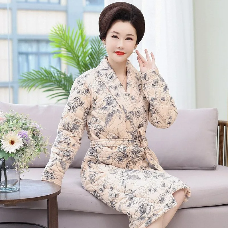2024 New Robe Women Winter Three-layer Thicken Long Cotton Bathrobe Middle-aged Mother Cotton Padded Jacket Warm V-neck Homewear