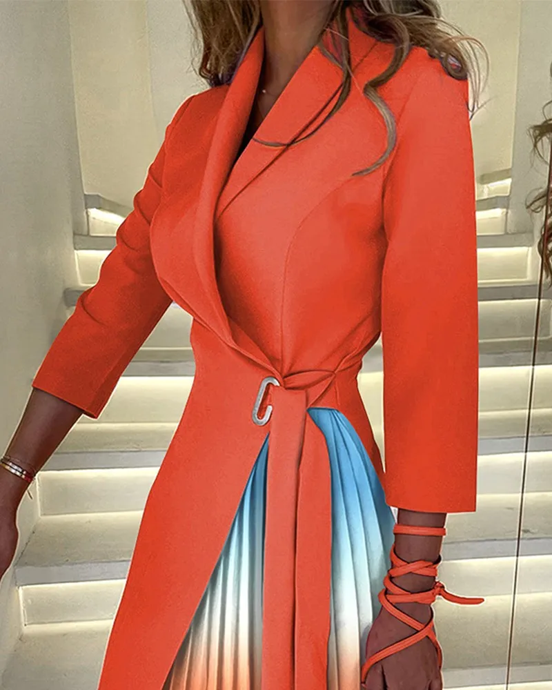 

Autumn Patchwork Design Gradual Office Dress Women Fashion Strap V-Neck 3/4 Sleeve Pleated Party Dresses Elegant Work Clothes