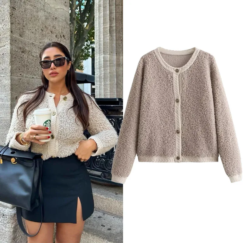 

TRAF Vintage Autumn Winter Terry Yarn Sweater Cardigan Warm Long Sleeve Buttons Coat Y2K Korean Fashion O-Neck Slim Knitted Tops