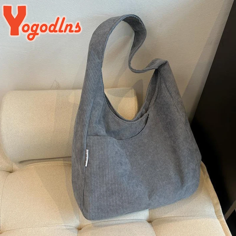 Yogodlns Casual Corduroy Shoulder  Bag for Women Large Capacity Shopping Tote Autumn Winter Top-handle Bag Student Big Handbags