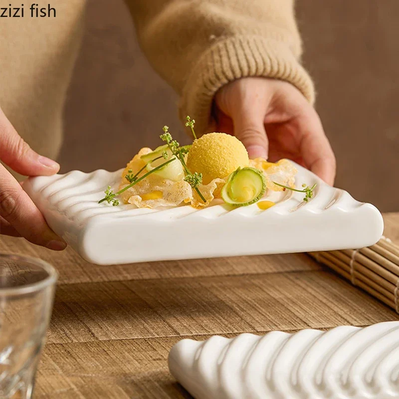 White Double-layer Ceramic Dinner Plate Irregular Texture Dessert Plate Dim Sum Sushi Dish Restaurant Specialty Tableware