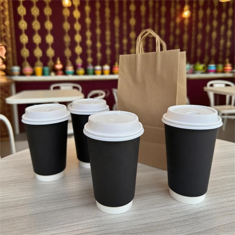 맞춤형 생분해성 PLA 종이컵 이중 단일벽 PE 코팅 12oz 테이크아웃 일회용 커피 종이컵 뚜껑 포함