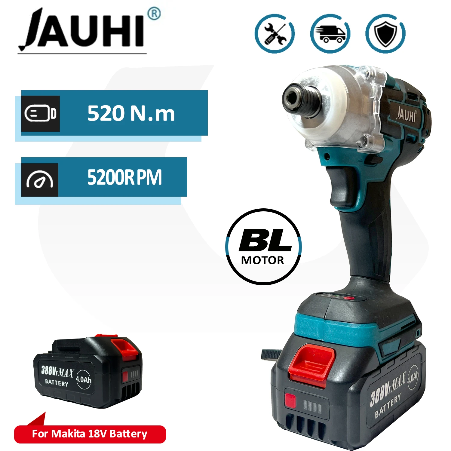 

JAUHI 5200rpm Brushless Electric impact screwdriver 520N.m Cordless Impact Wireless Drill for Makita 18V Battery Power Tools