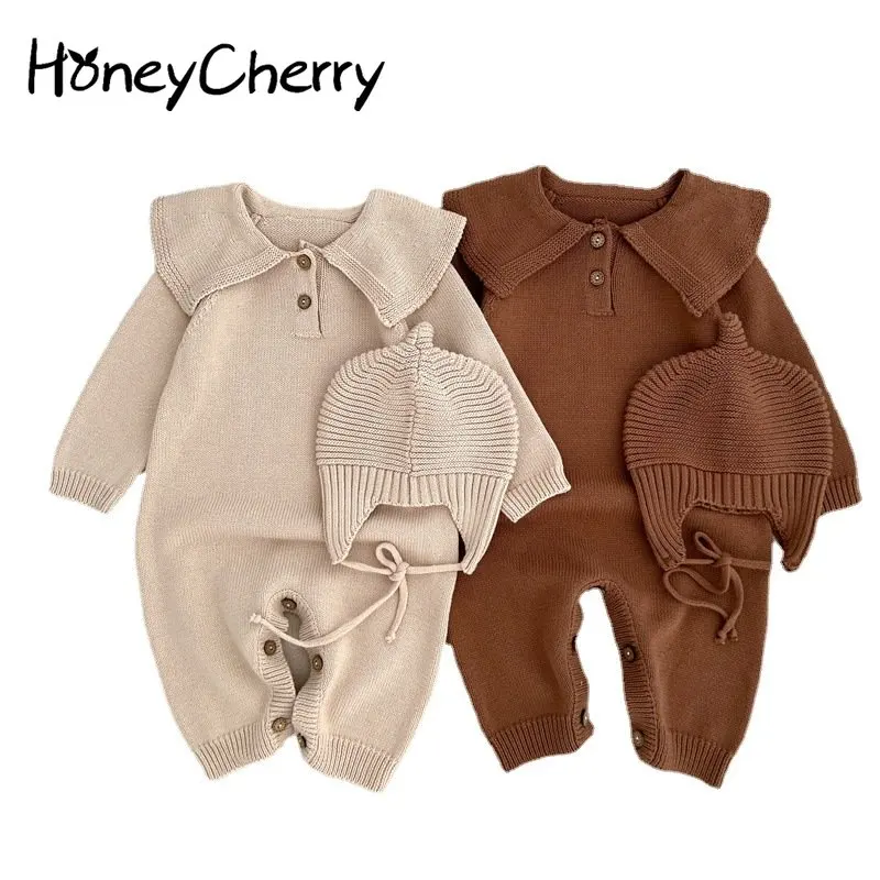 

HoneyCherry Autumn Baby Sweater Romper Cotton Wool Knit Romper with Hat Newborn Baby Clothes