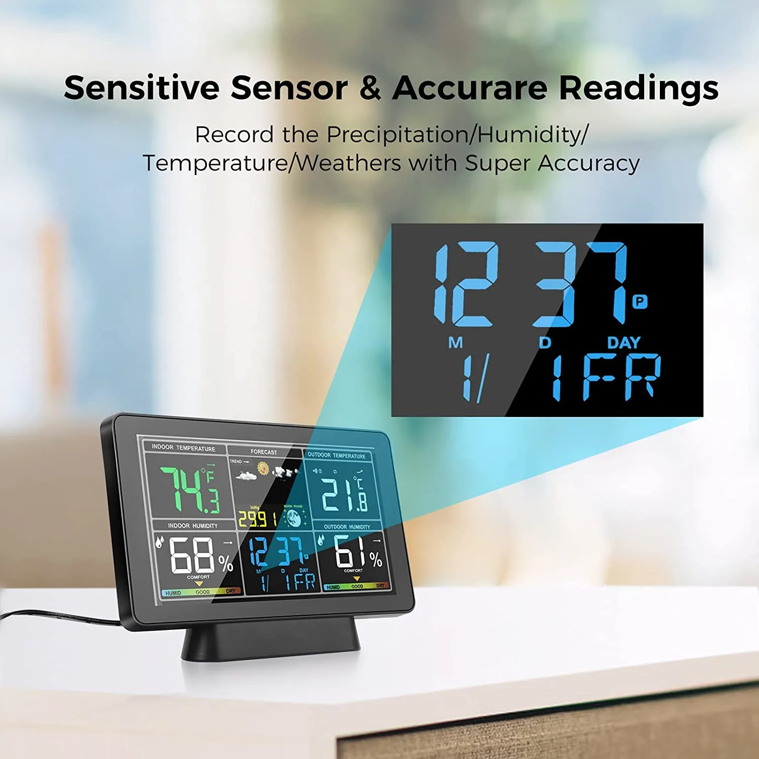 

WiFi Color Screen Smart Weather Station Temperature and Humidity Meter 4-Day Weather Forecast Atmospheric Pressure Weather Clock