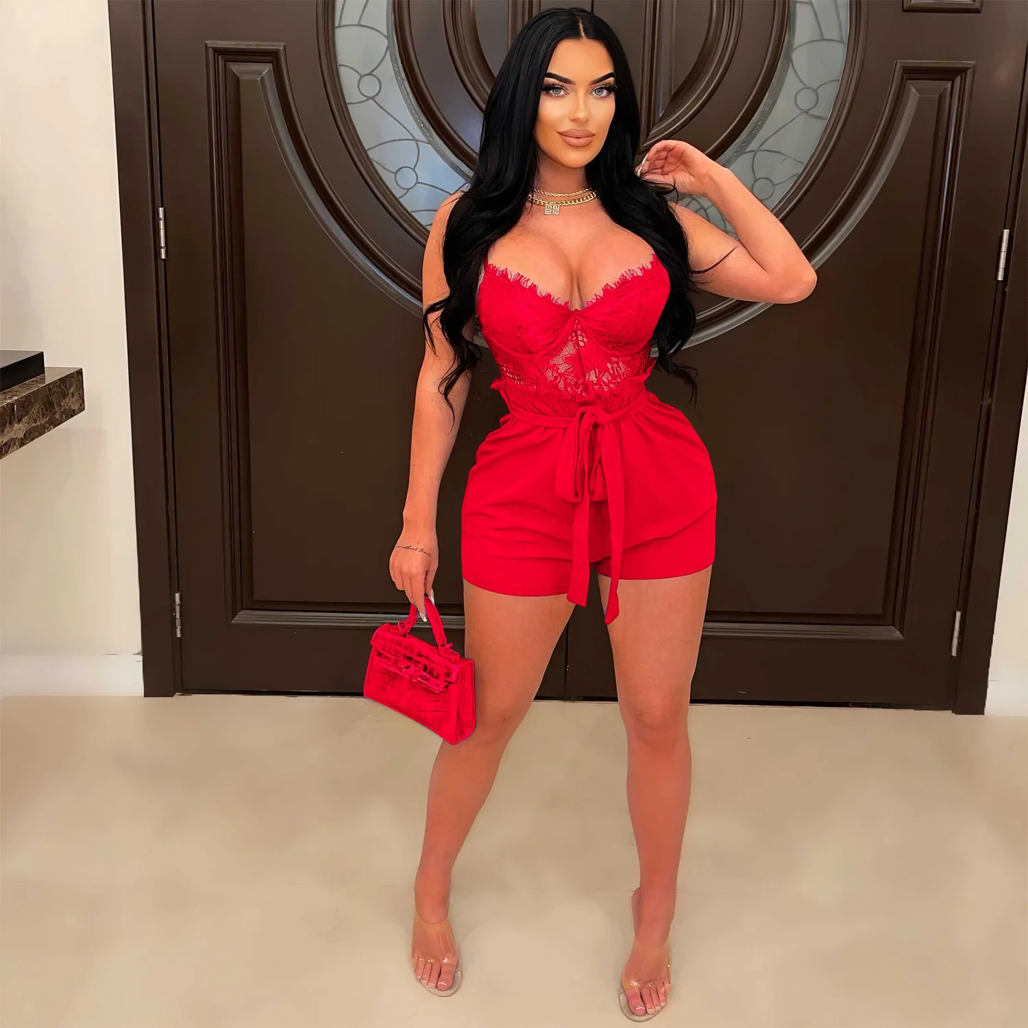 

Zoctuo Sexy Rompers For Women 2023 New Solid Strap Lace Strapless Mesh Patchwork Short Pants Club Wear Party