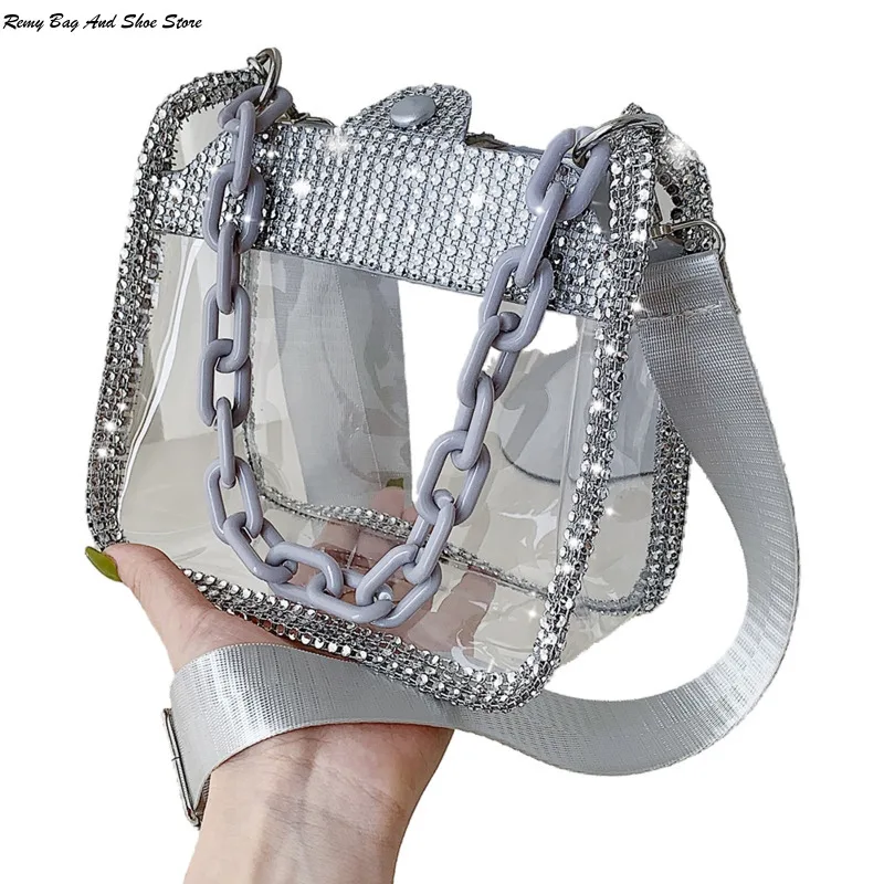 

Women’s Rhinestone PVC Transparent Handbags INS Fashion Summer Glitter Jelly Bag Ladies Thick Chain Shoulder Bags Tote Purse