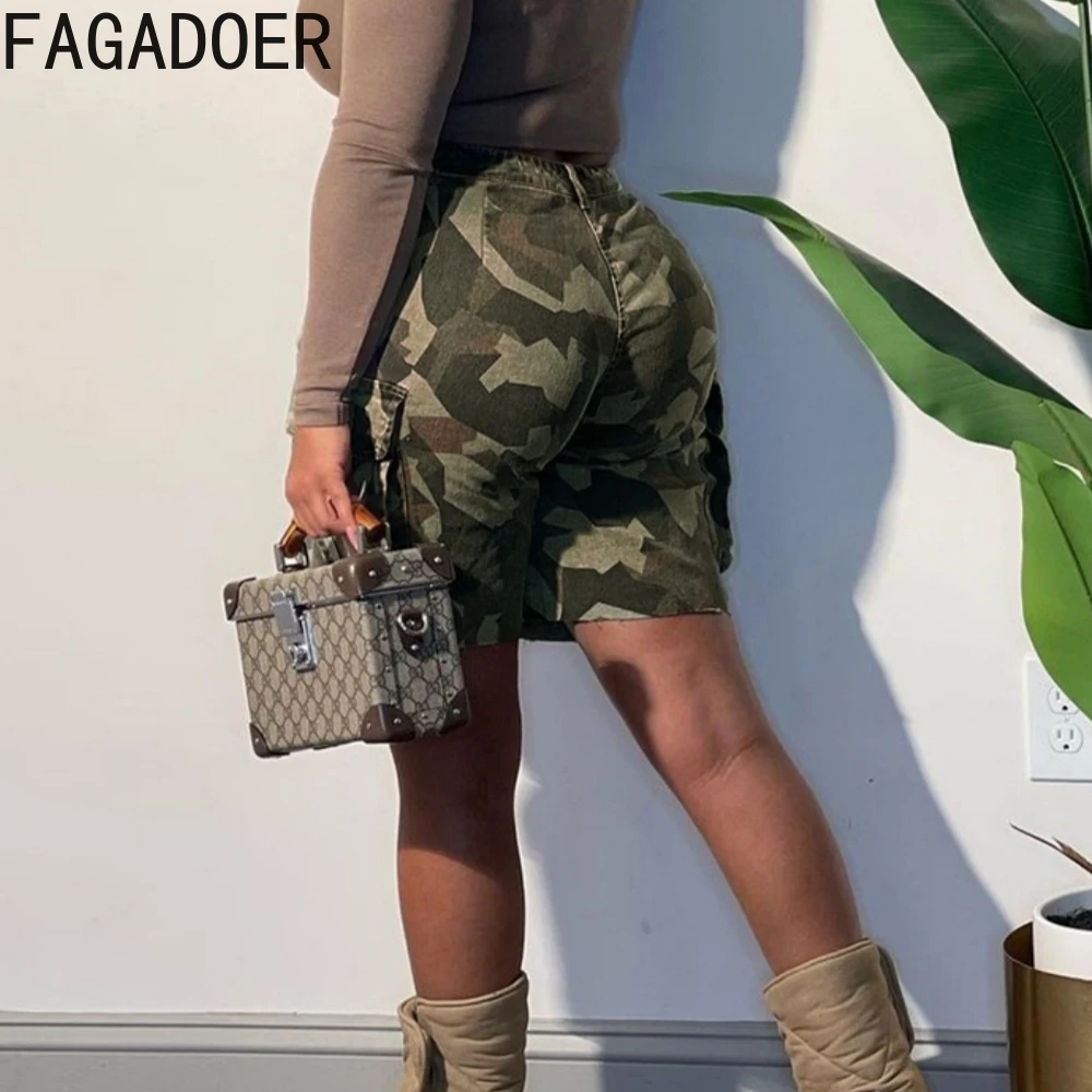 FAGADOER Casual Camouflage Print Sporty Shorts Women High Waist Button Pocket Shorts Casual Female Matching Streetwear Bottoms