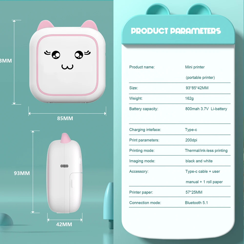 미니 휴대용 열전사 프린터 경량 무선 사진 라벨 메모 오답노트 인쇄 USB 케이블 프린터