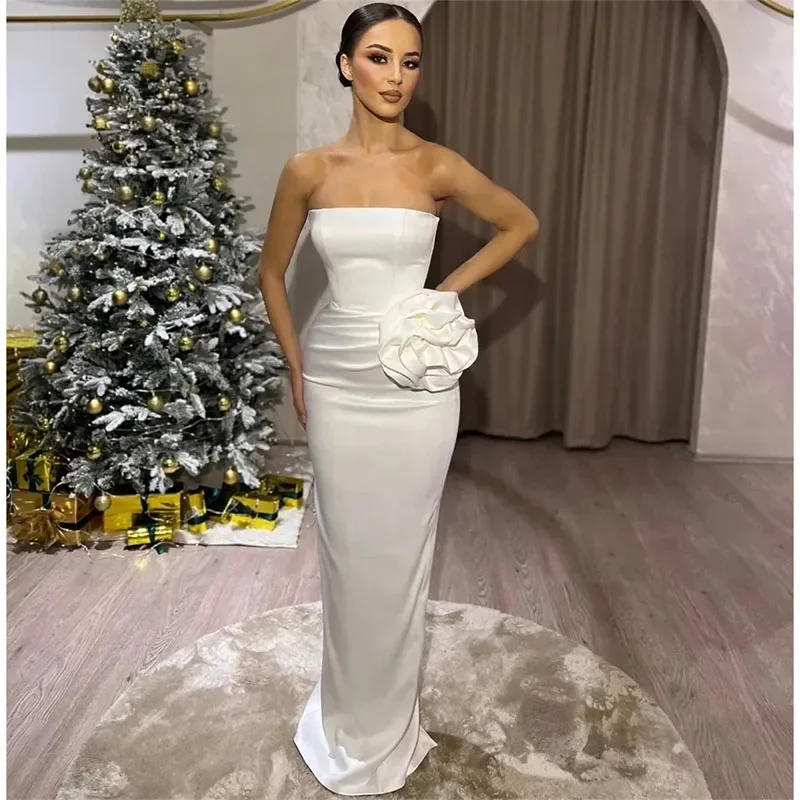 

Elegant White Evening Party Dresses 2024 Strapless 3D Flower Sheath Women Prom Formal Gowns Vestidos De Feast Robe De Soiree