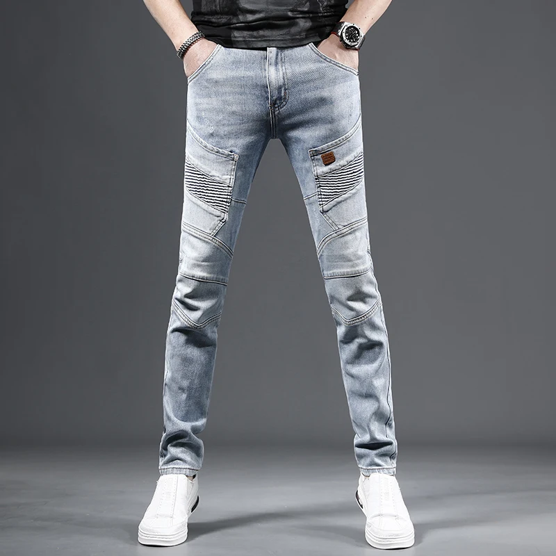 Biker Style Blue Men's Jeans Korean Slim Fit Pants Streetwear Casual Patchwork Denim Trousers CP2199 mens embroidery ripped skinny jeans blue slim fit hole pencil pants casual biker trousers streetwear high denim man clothing