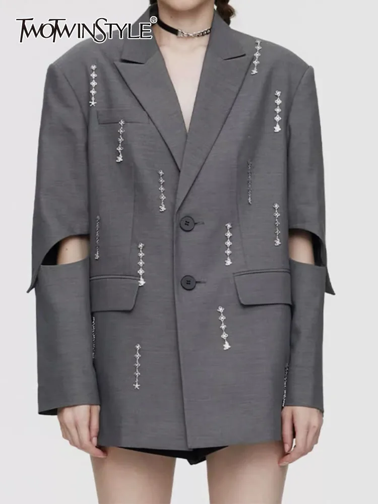 

TWOTWINSTYLE Hollow Out Patchwork Diamonds Blazer For Women Notched Collar Long Sleeve Spliced Button Loose Blazers Female New