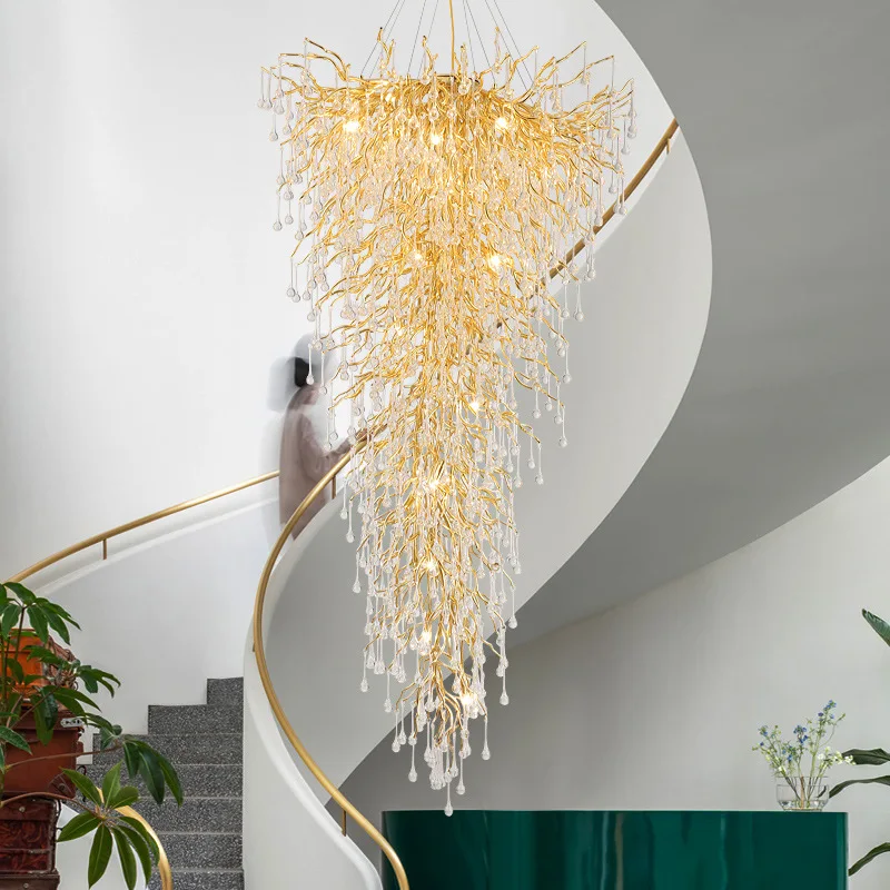 

Modern Crystal Chandelier For Staircase Long Villa Hanging Light Fixture Large Home Decor Gold Stainless Steel Led Cristal Lamp