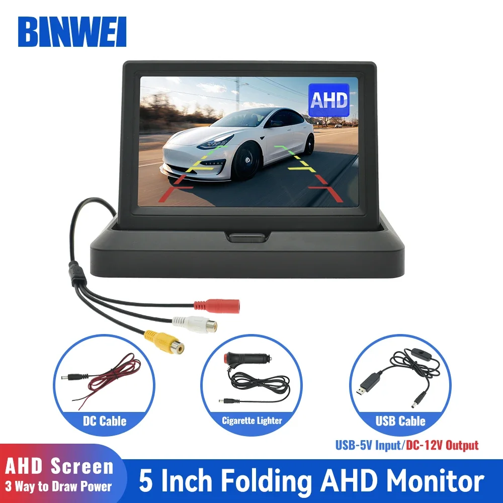 

BINWEI Car AHD Monitor with 2 Way Video Input for Vehicle Rear View Camera Parking Reverse Backup 5 Inch TFT HD Screen Display