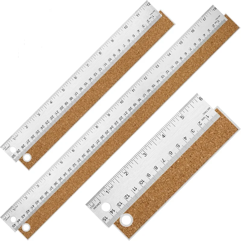 QWE-3 PCS 코르크 뒷면 금속 자, 6+12+18인치 스테인리스 스틸 자 - 학교 사무실용 영미식 및 미터법
