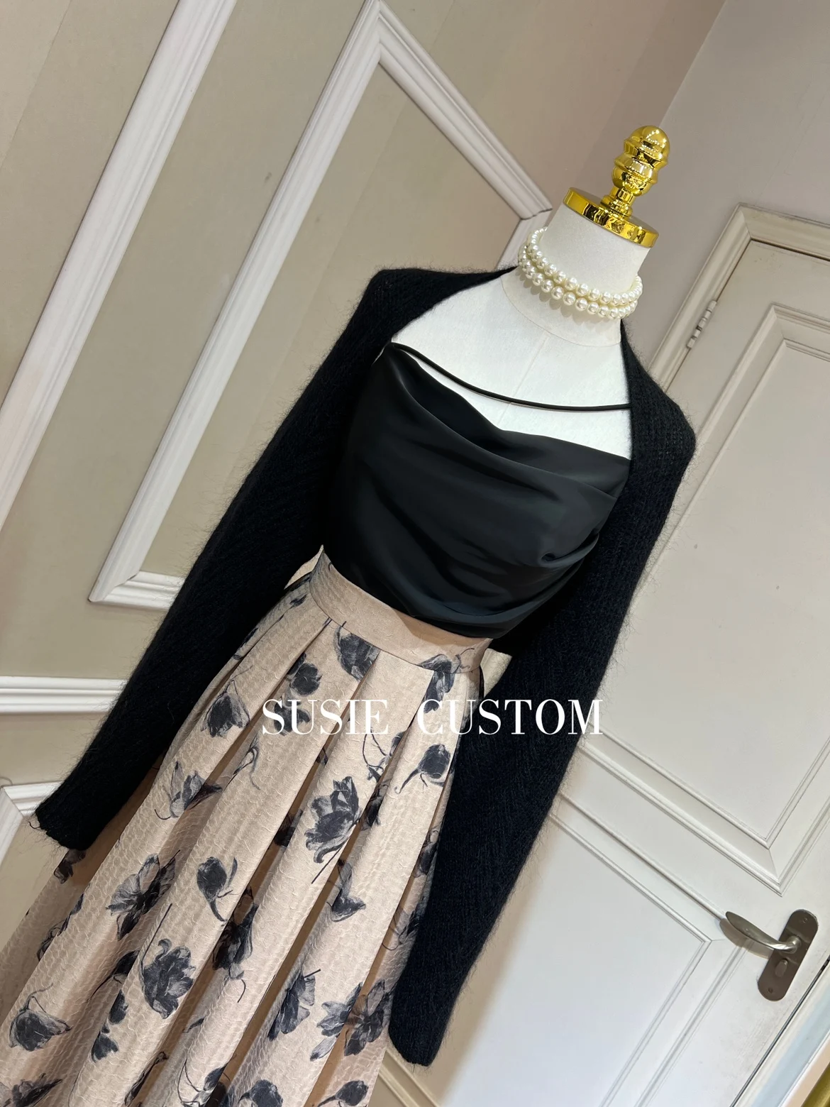 New Fall Women's Clothing Three-Piece Black Satin Suspender Top + Sweater Cardigan Coat + High Waist Print Large Swing Skirt