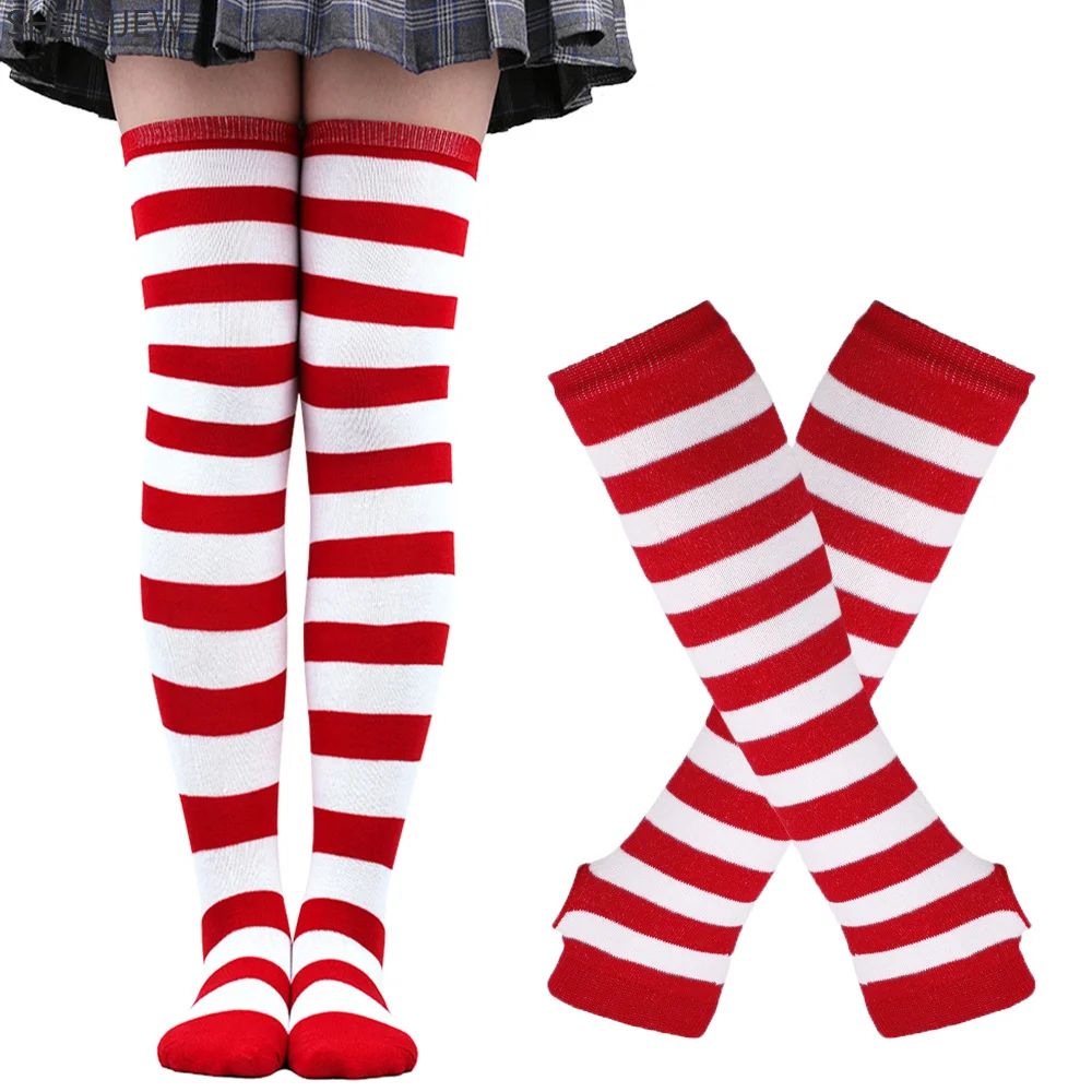 

2023 Plus Size Overknee Sock Long Socks Women Girls Over Knee Long Stripe Printed Thigh High Cotton Socks Arm Sleeve Gloves