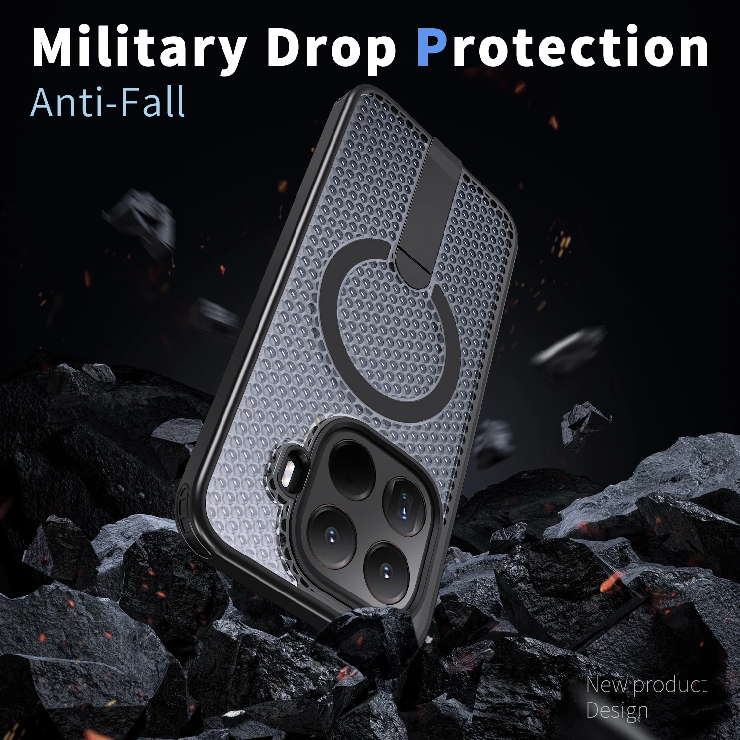 Magnetic Armor Cooling Phone Case with Metal Kickstand and Acrylic Back