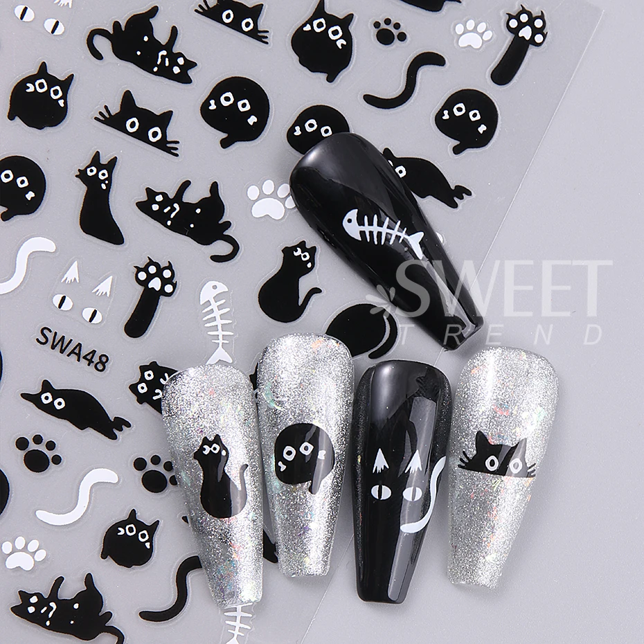 2pcs Cute Black Cat Nail Stickers Decoration Kawaii Cartoon Animal Design Y2K Stars Nail Decals Sliders Nail Art Manicure Decors