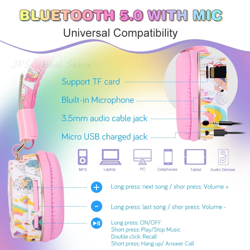 Fone de Ouvido Via Bluetoothfones de Ouvido sem Fio com Microfone Arco-íris Unicórnio Crianças Meninas Estéreo Música Capacete Fone de Ouvido Gamer tf Cartão para o Telefone das Crianças - Image 2
