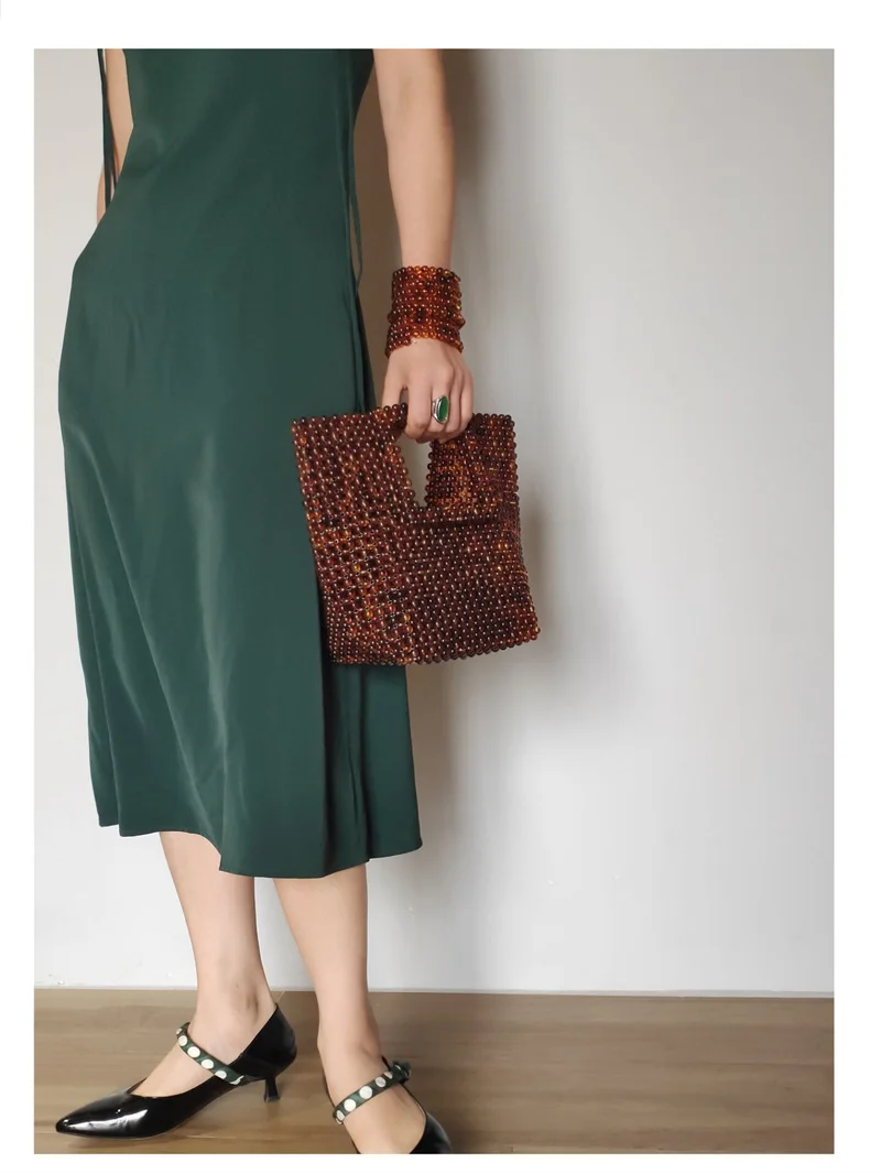 Luxury Solid Color Fashion Shoulder Handbag 2023 Women Handmade Bead Bags Girls Purse Woven Ladies for Special Occasions