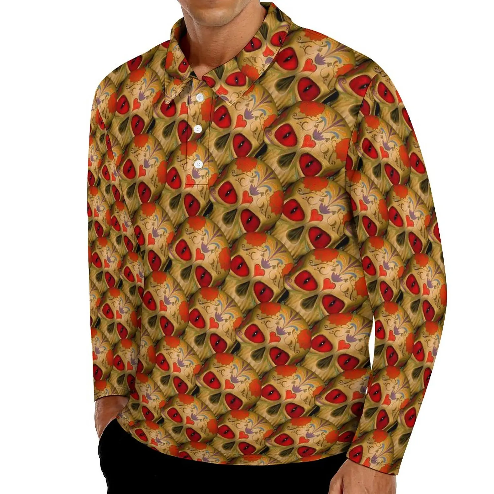

Sugar Skull Casual T-Shirts Zombie Dead Polo Shirts Men Novelty Shirt Autumn Long Sleeve Graphic Clothing Large Size