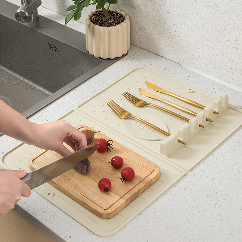 

Multifunctional Silicone Mat with Fork Spatula Rack Heat Insulation Anti-scalding Drain Mat Dish Drying Mat Kitchen Accessories