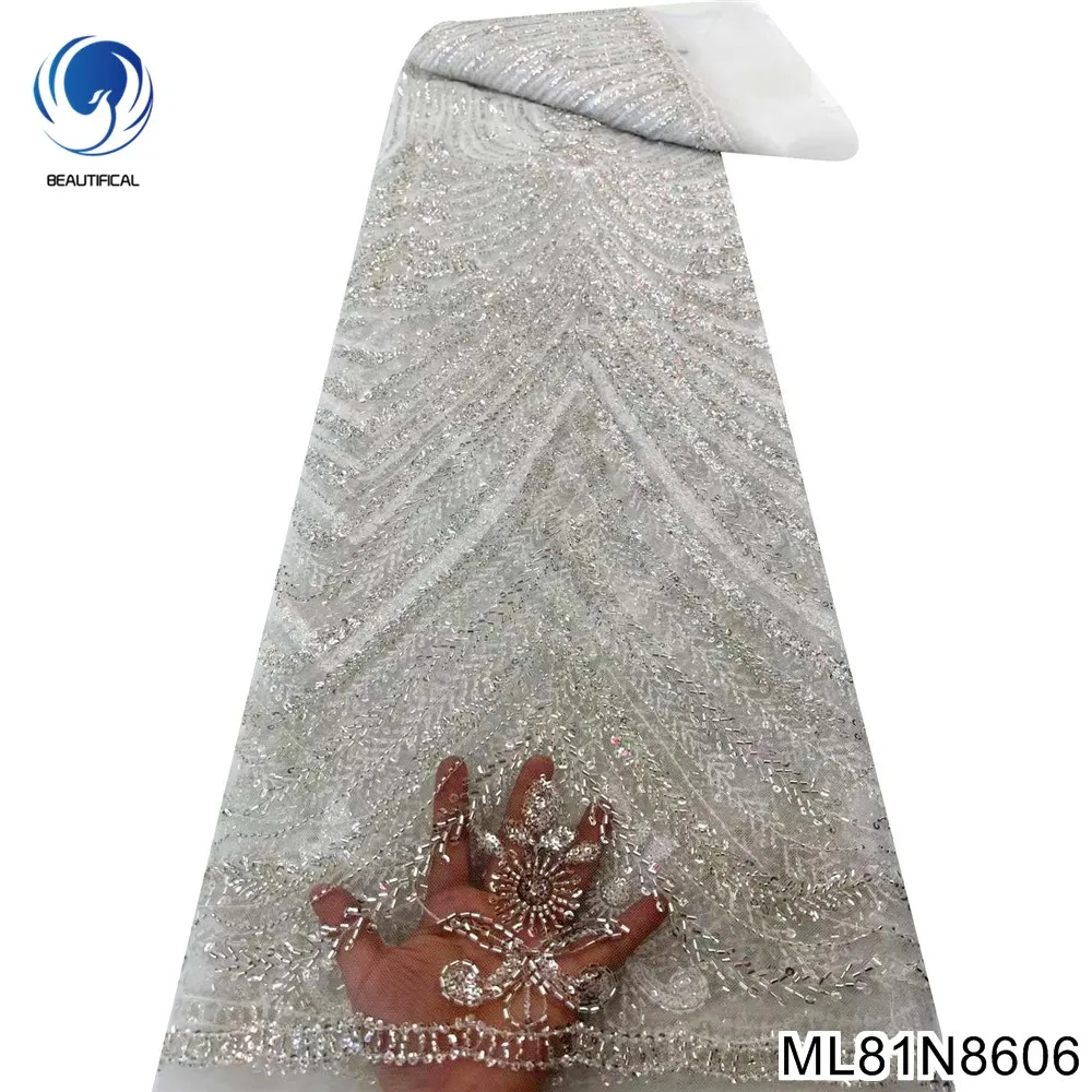 

2022 High quality nigerian lace fabric Super luxurious full-length beaded embroidery with sequins with Noble dress ML81N86
